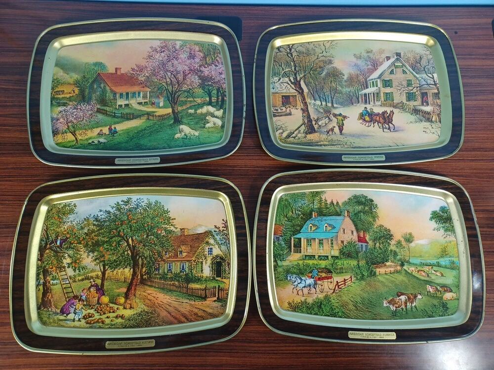 Vintage Currier and Ives American Homestead Seasonal Metal Serving Trays Lot 4